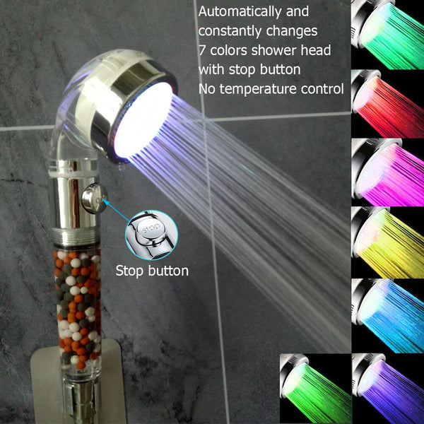 LED Shower Head High Pressure Water Saving Hand Anion Spa Filter Temperature Control - Colour changing- Shower Head